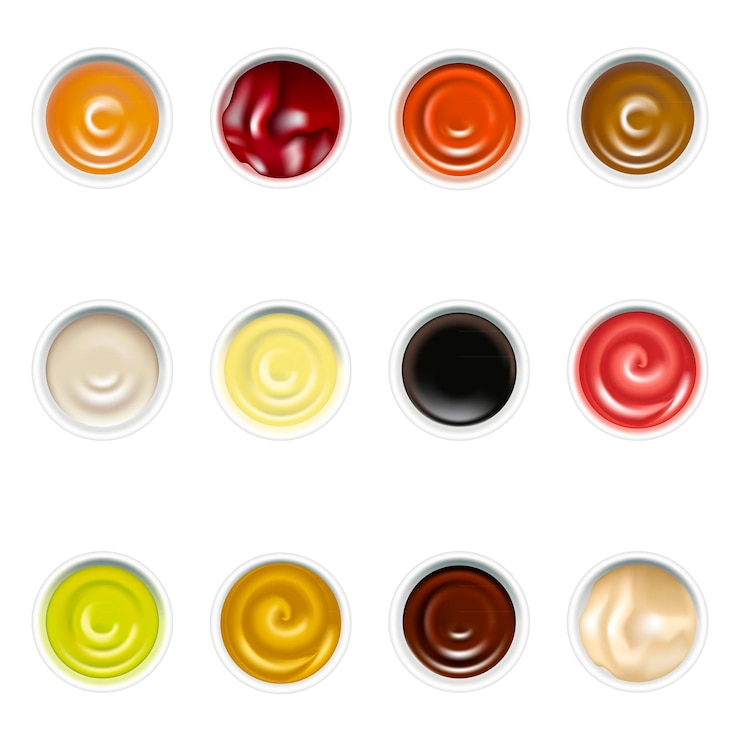 Vecteur sauces dans l'assiette set ketchup moutarde mayonnaise wasabi et autre partie vue de dessus