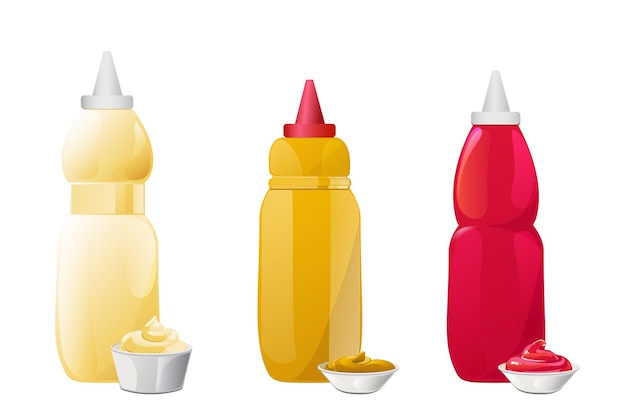 Vecteur sauces à la moutarde mayonnaise ketchup dans des bouteilles définies illustration vectorielle réaliste isolée