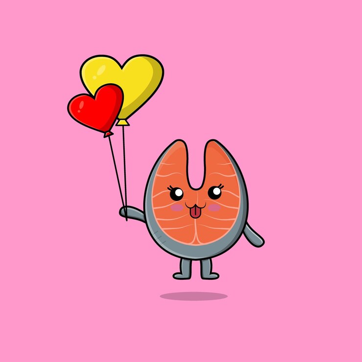 Vecteur saumon frais de dessin animé mignon flottant avec illustration vectorielle de dessin animé amour ballon