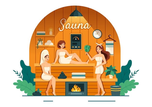 Sauna et salle de vapeur Illustration vectorielle avec des gens se détendre se laver le corps ou profiter du temps