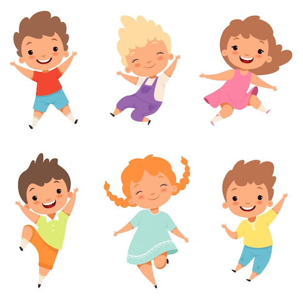 Sauter les enfants. Mignon surpris en jouant fou heureux enfants mâles et femelles et personnages de dessins animés de filles