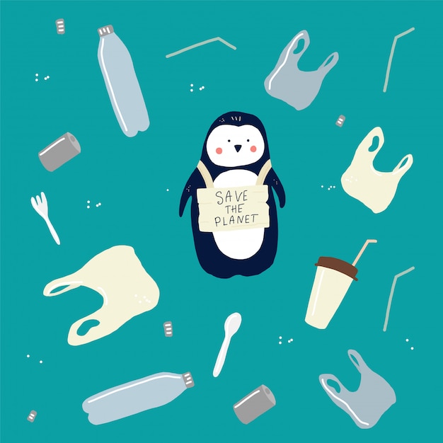 sauver la planète pingouin disant et poubelle en plastique