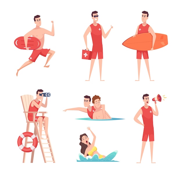 Vecteur sauveteur à la plage vacances d'été sécurité sur la mer enfants profitant des loisirs aquatiques personnes travaillant des personnages vectoriels exacts en plein air
