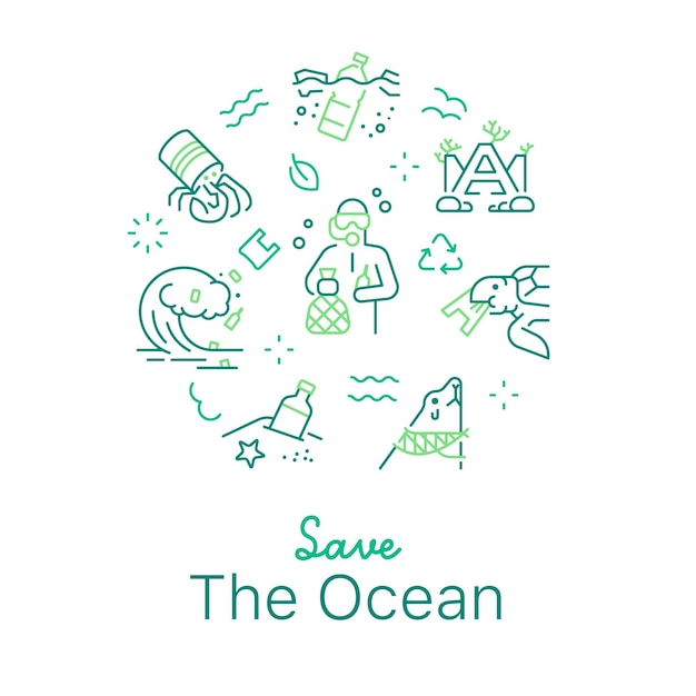 Vecteur sauvez l'illustration vectorielle de concept d'océan conception de fond clair de style d'art en ligne