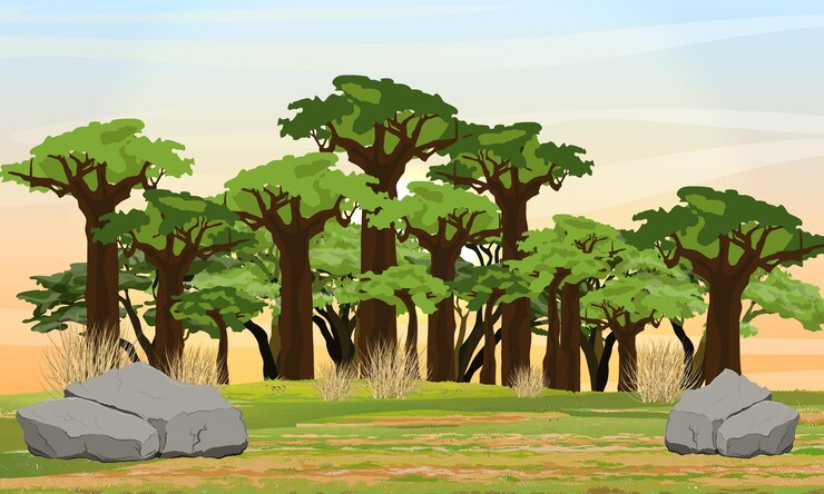 Vecteur savane africaine bosquet de baobabs faune d'afrique paysage vectoriel réaliste