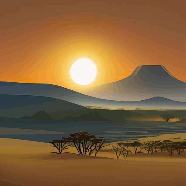 Vecteur savane avec silhouettes d'animaux et d'arbres acacia et herbe verte au coucher du soleil le concept safari