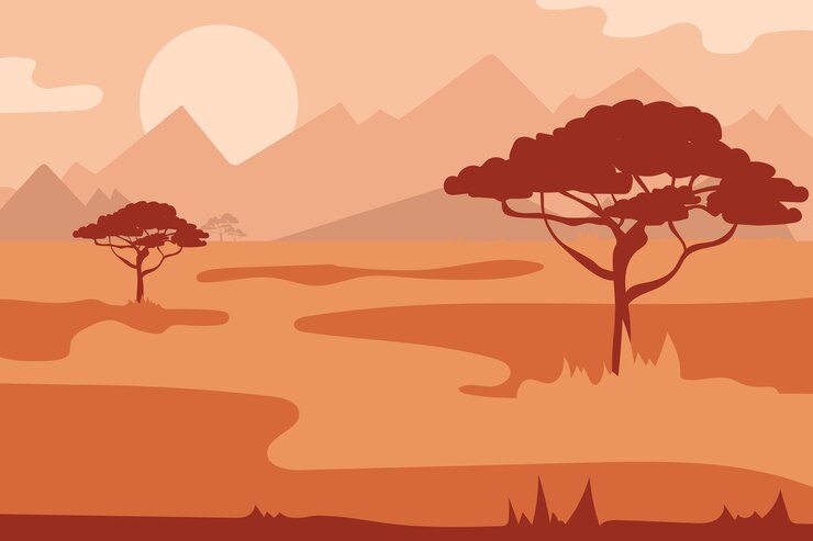 Savane vecteur paysage silhouette d'arbre africain au coucher du soleil