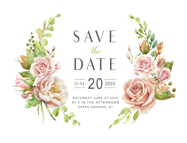 Vecteur save the date card roses aquarelles