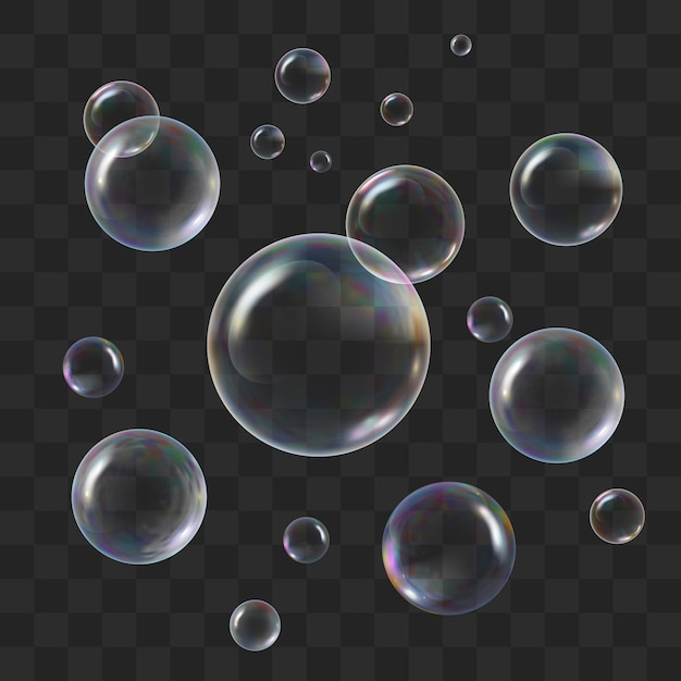 Vecteur savon bulles transparentes avec réflexion arc-en-ciel. définissez des boules savonneuses réalistes. illustration de stock.