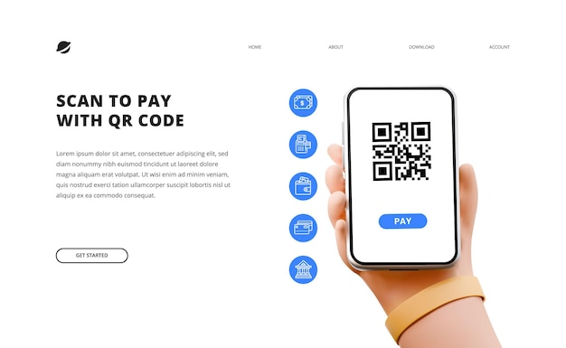 Scannez le code QR pour payer la finance bancaire numérique dessin animé mignon tenant le téléphone avec l'icône de la finance d'entreprise