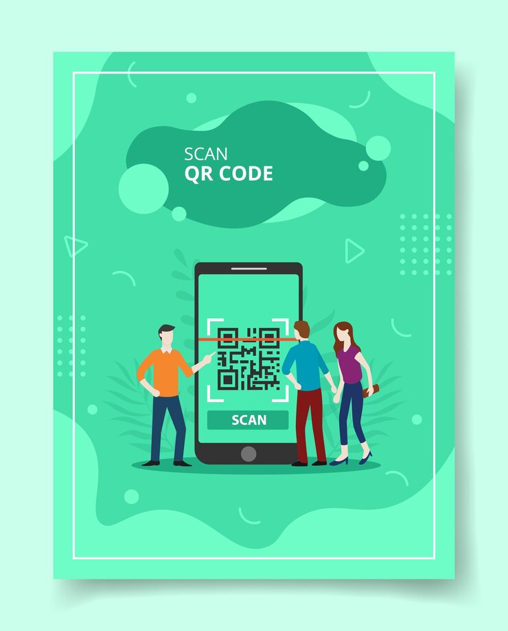 Scannez les gens de code qr debout devant un smartphone géant pour un modèle de flyer