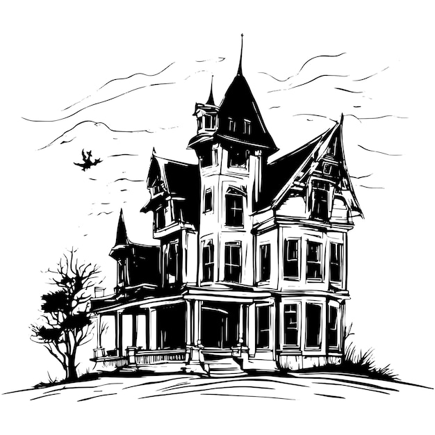 Vecteur scary house silhouette sketch maison mystique avec des monstres et des fantômes pour halloween maison effrayante