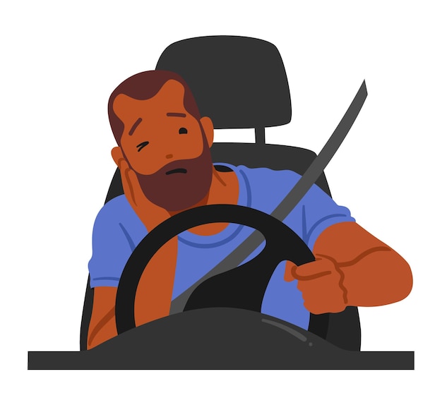 Vecteur scénario dangereux d'un personnage d'homme dormant derrière le volant en conduisant posant un risque grave d'accident