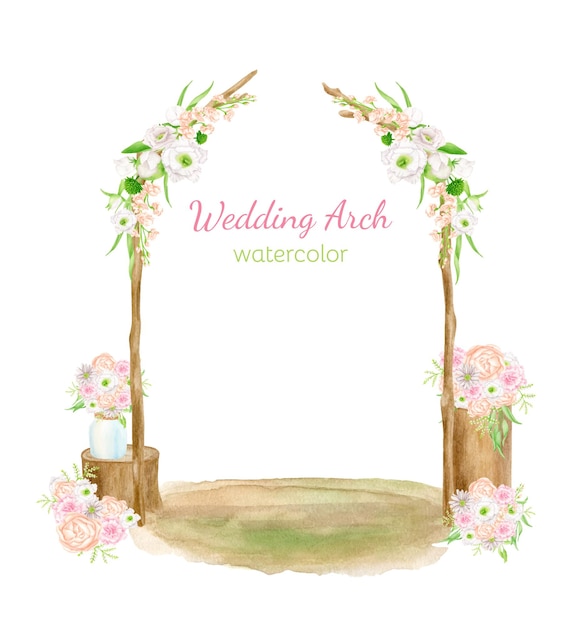Vecteur scène d'arc de mariage à l'aquarelle. voûte en bois dessinée à la main décorée de fleurs