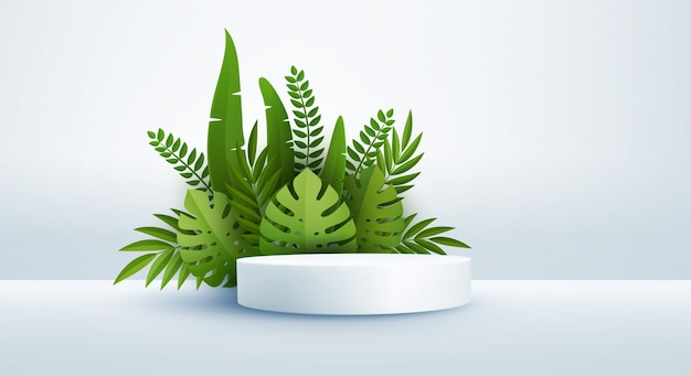 Scène Blanche Minimale Et Feuilles De Palmiers Tropicaux Verts Podium Cylindrique Sur Fond Blanc Scène Monochrome 3d Pour Afficher Une Vitrine De Produits Cosmétiques Monstera Et Feuille De Palmier