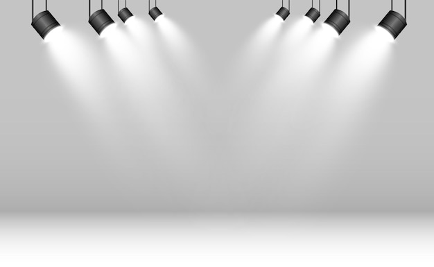 Scène blanche avec projecteurs. Illustration vectorielle.