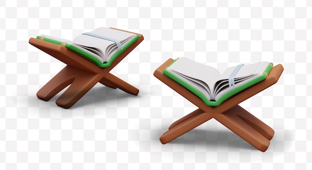 Scène en bois avec le Coran ouvert dans une couverture verte dans différentes positions