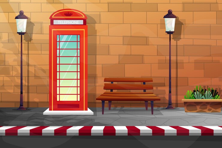 Vecteur scène de cabine téléphonique rouge et banc en bois près du mur de briques et de la rue avec une grande lampe
