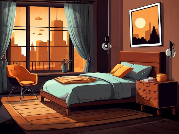 Vecteur une scène de chambre à coucher confortable avec des illustrations de dessins animés isolées