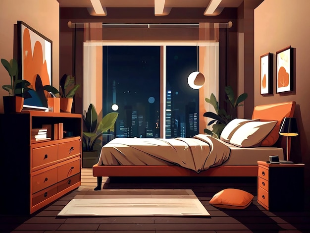 Vecteur une scène de chambre à coucher confortable avec des illustrations de dessins animés isolées