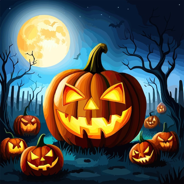 Vecteur scène de cimetière d'halloween avec des citrouilles hantant le cauchemar fond d'halloween horreur de dessin animé