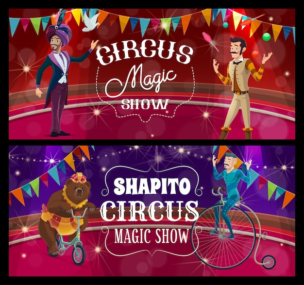 Scène De Cirque Shapito, Acrobate, Jongleur Et Ours Entraîné Sur Des Bannières Vectorielles D'arène. Grands Artistes De Tente Présentant Un Spectacle De Magie Avec Un Ours à Vélo. Performances Et Astuces De La Scène Des Artistes De Dessin Animé