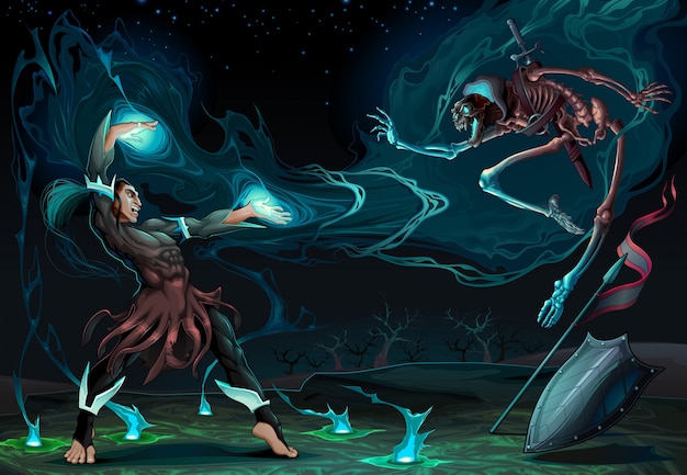 Vecteur scène de combat entre le magicien et le squelette fantasy vector illustration