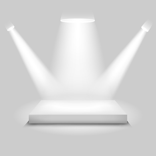 Scène de concours réaliste, podium blanc vide, lieu de placement de produit pour présentation, podium gagnant ou scène sur fond gris