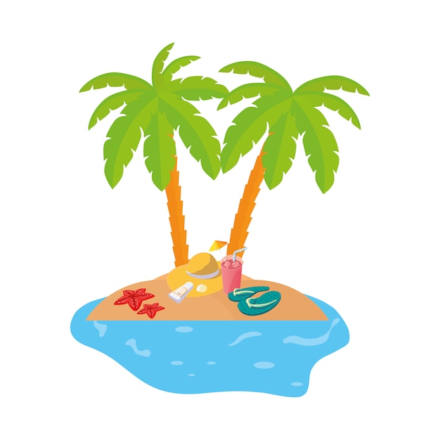 scène de la côte d&#39;été avec des palmiers et un chapeau de paille