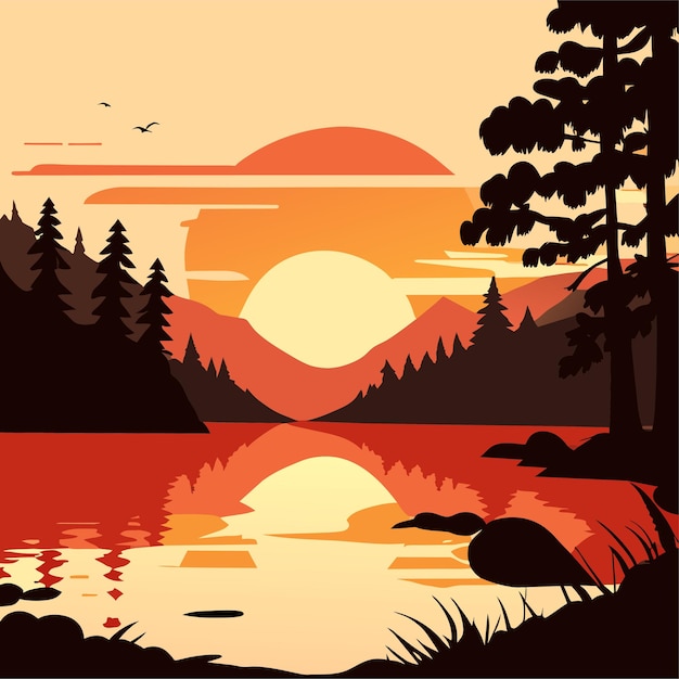 Vecteur scène avec le coucher de soleil au fond du lac