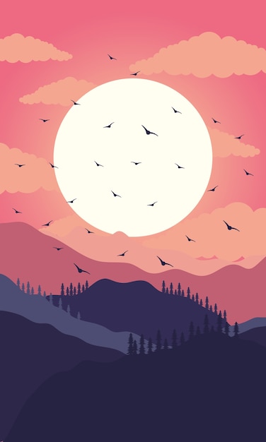 Scène De Coucher De Soleil Magnifique Paysage Avec Des Montagnes Et Des Oiseaux Qui Volent Illustration