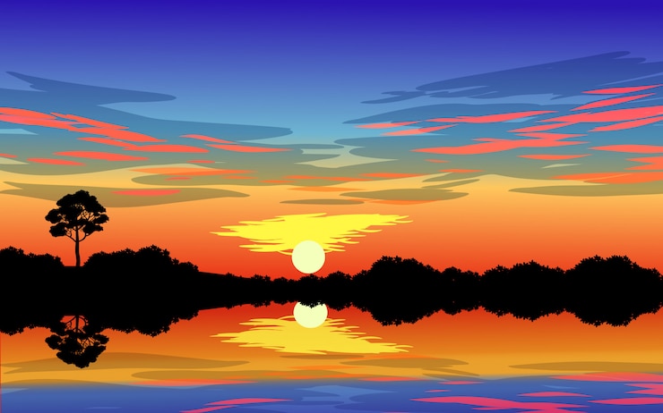 Vecteur scène de coucher de soleil spectaculaire au lac avec des nuages