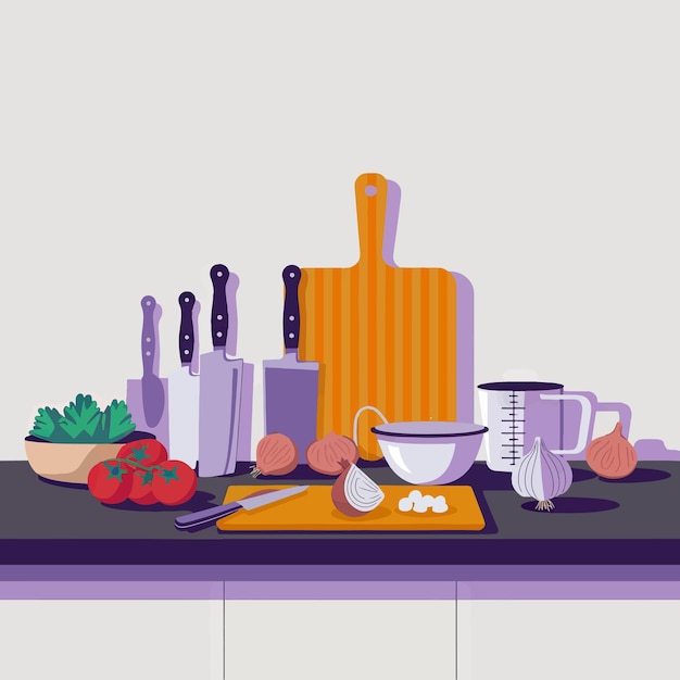 une scène de cuisine avec un couteau de cuisine un couteaux et une planche à couper avec un couvercle dessus