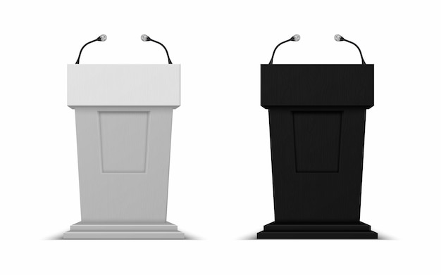 Vecteur scène de débat avec microphones discours de conférence 3d vectoriel tribune noir et blanc sur socle pour interview de presse de conférence et plate-forme de débat politique illustration vectorielle isolée