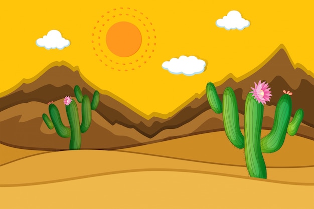 Scène De Désert Avec Des Cactus Au Premier Plan