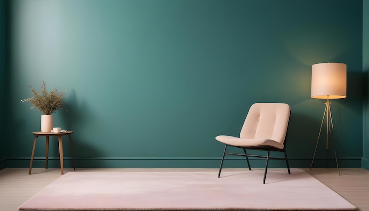 Vecteur une scène de design d'intérieur minimaliste avec une chaise rose un mur vert une petite table en bois avec un vase de fleurs séchées et une lampe de sol l'image crée un sentiment de tranquillité et de style