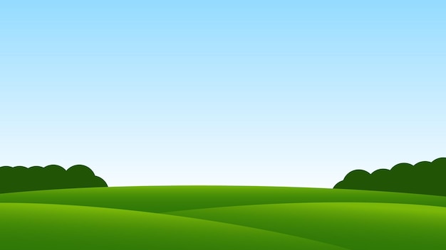scène de dessin animé de paysage avec champ vert et ciel bleu