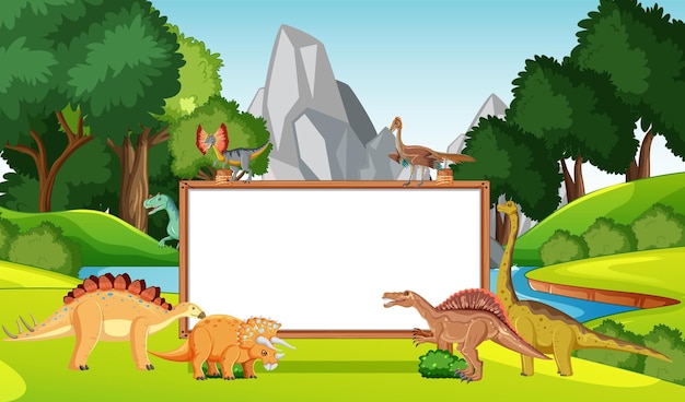 Vecteur scène avec dinosaures et tableau blanc dans la forêt