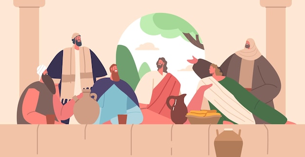 Vecteur la scène du dernier souper de jésus a représenté jésus et ses disciples personnages bibliques réunis autour d'une table partageant un repas pain et vin avant sa crucifixion illustration vectorielle de personnages de dessins animés