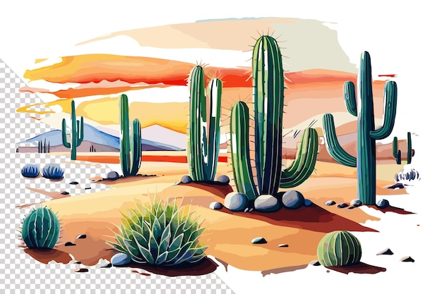 Une scène du désert avec des cactus et du désert et des montagnes en arrière-plan