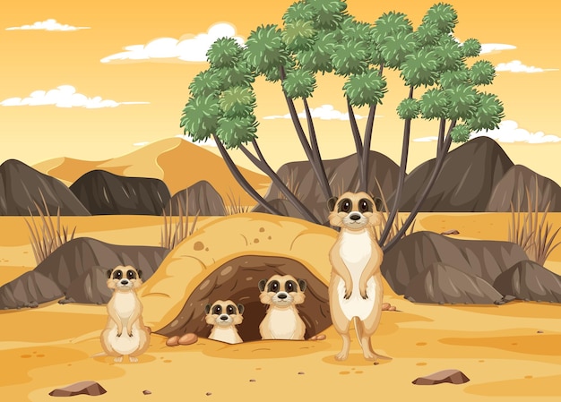 Vecteur scène du désert avec de mignons petits suricates