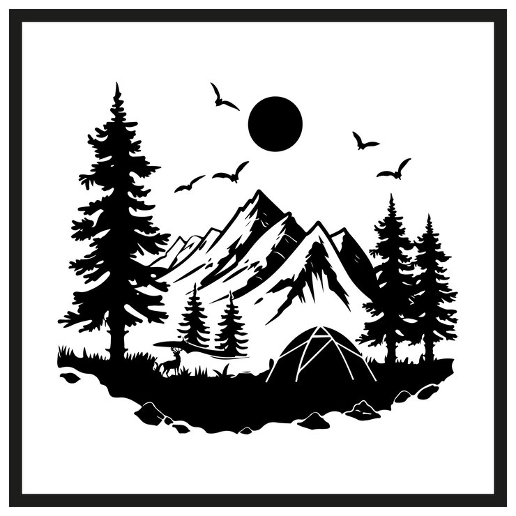 Vecteur scène du lac scène de camping de montagne silhouette clip art