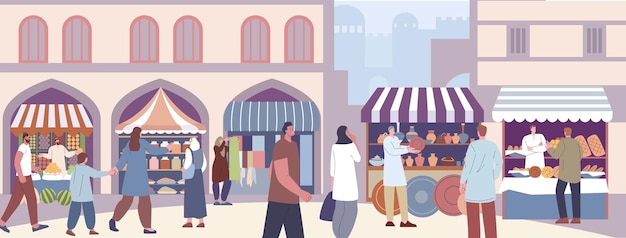 Scène du marché de la ville marché de rue asiatique ou arabe vendeurs d'humeur orientale aux comptoirs et citoyens Shopping sur le boulevard concept urbain kicky vecteur