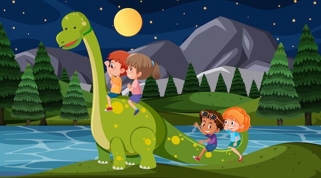 Scène Avec Des Enfants Heureux équitation Dinosaure Dans Le Parc La Nuit