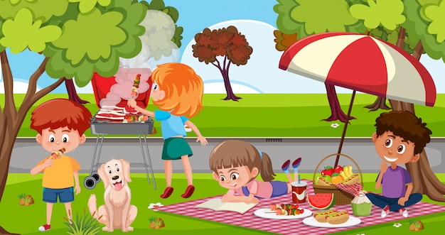 Scène Avec Des Enfants Heureux De Manger Dans Le Parc