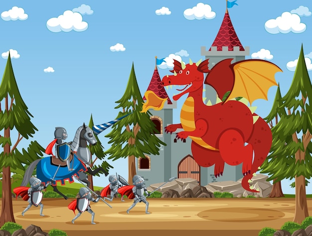 Scène Extérieure Médiévale Avec Des Chevaliers Combattant Avec Un Dragon