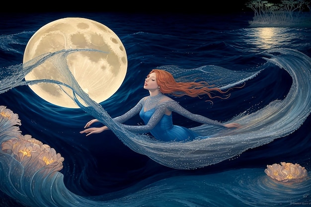Vecteur une scène fascinante de vagues s'écrasant contre le rivage sous une grande lune lumineuse rendue