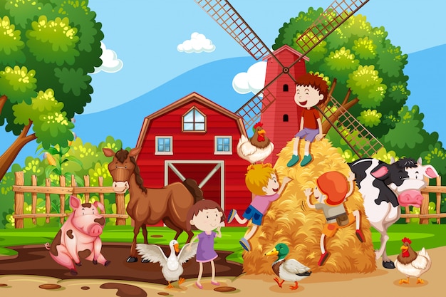 Scène De Ferme Avec Des Enfants Et Des Animaux