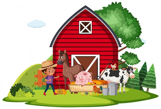 Vecteur scène de ferme avec farmboy et de nombreux animaux à la ferme
