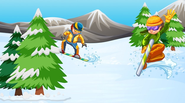 Vecteur scène de fond avec des athlètes de snowboard dans la montagne